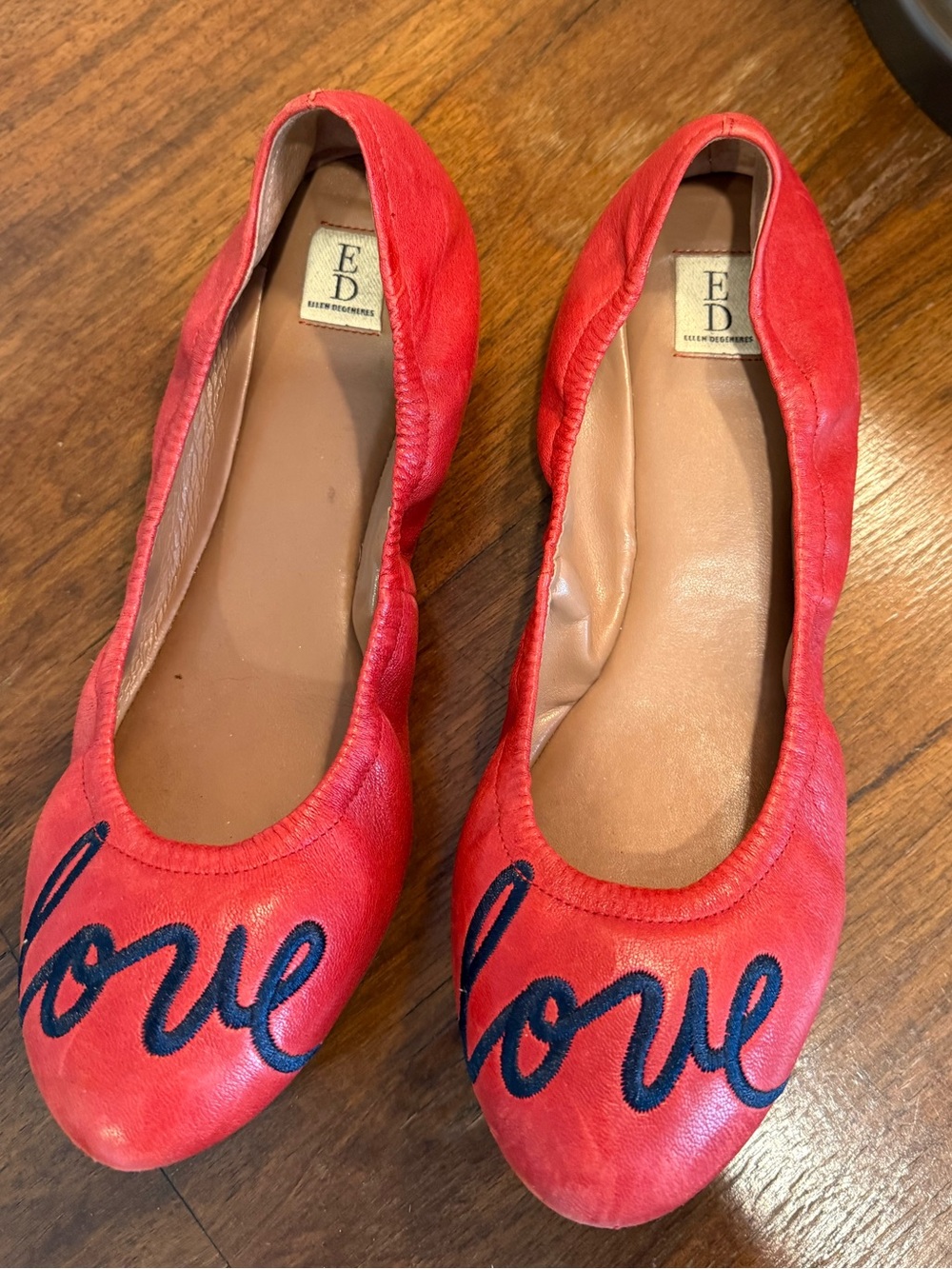 Ellen Degeneres Red Leather 'Love' Embroidered Ballet Flats